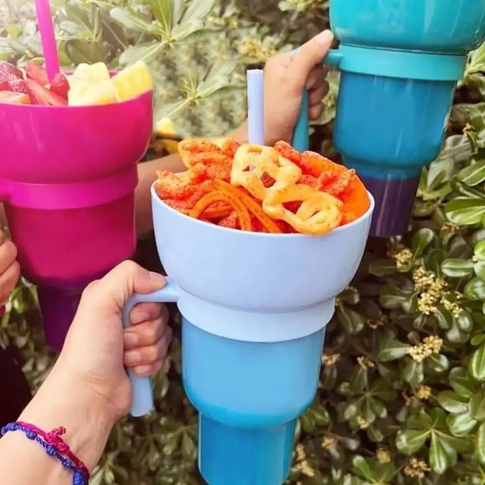 

2 In 1 Snackies Straw Cup Top Snack Bowl on Drink Cups Portable Splash Proof Leakproof Popcorn Stadium Tumbler Cinema Trip Gift