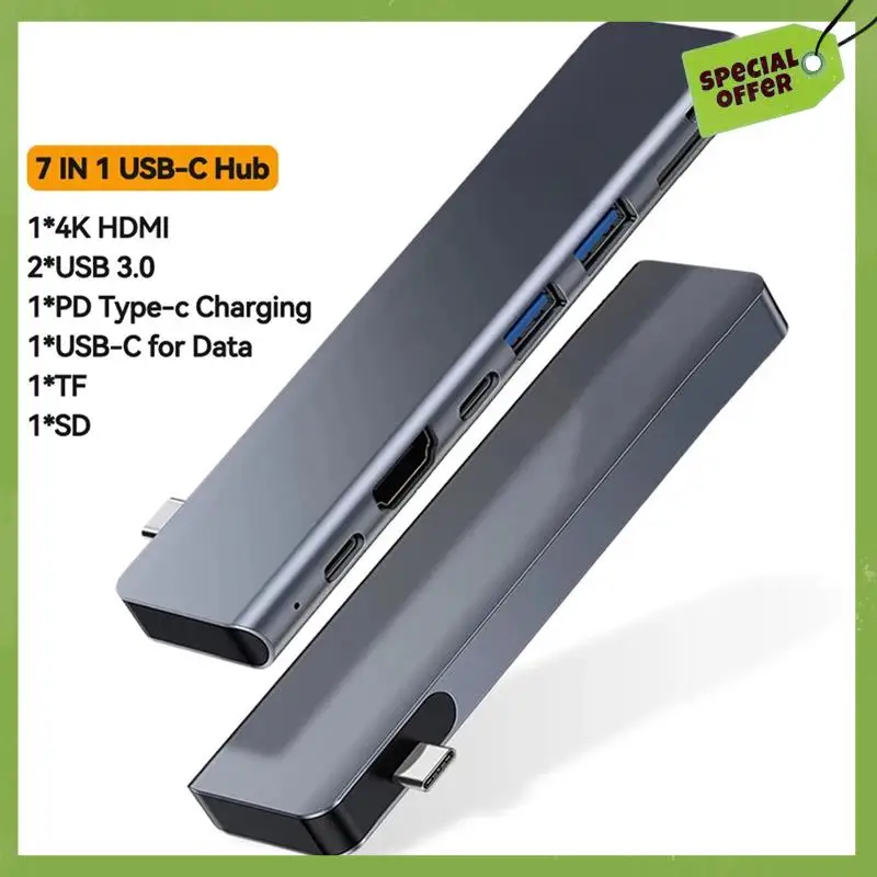 Фото Концентратор Leading-Tebe 7 в 1, USB-C на 4K, совместимый с USB 3.0 SD/TF PD, разветвитель быстрой зарядки, док-станция USB C №5