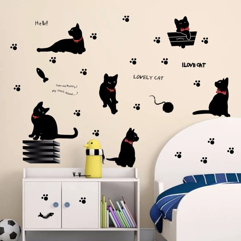 Vinyl Wall Stickers Wallpaper Animal Cartoon Black Cat Family Living Room Sofa Wall Decals House Decoration Poster Home Decor