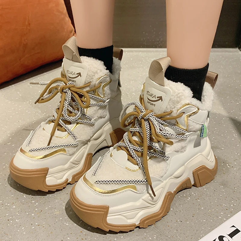 

Lucyever 2022 Лоскутные кроссовки на платформе женская зимняя теплая флисовая обувь на массивном каблуке Вулканизированная Женская Повседневна...