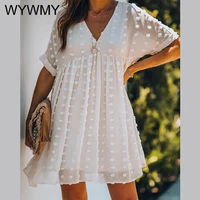 wywmy summer loose dress women large size v neck jacquard mini dress female pure color simple knee length dress a line dress new