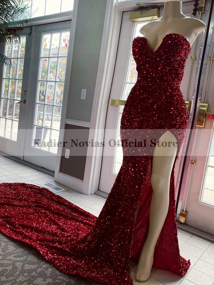 

Long Mermaid Burgundy Sequin Celebrity Prom Dresses 2022 with Slit Robes De Soiree Femme Vestidos De Gala