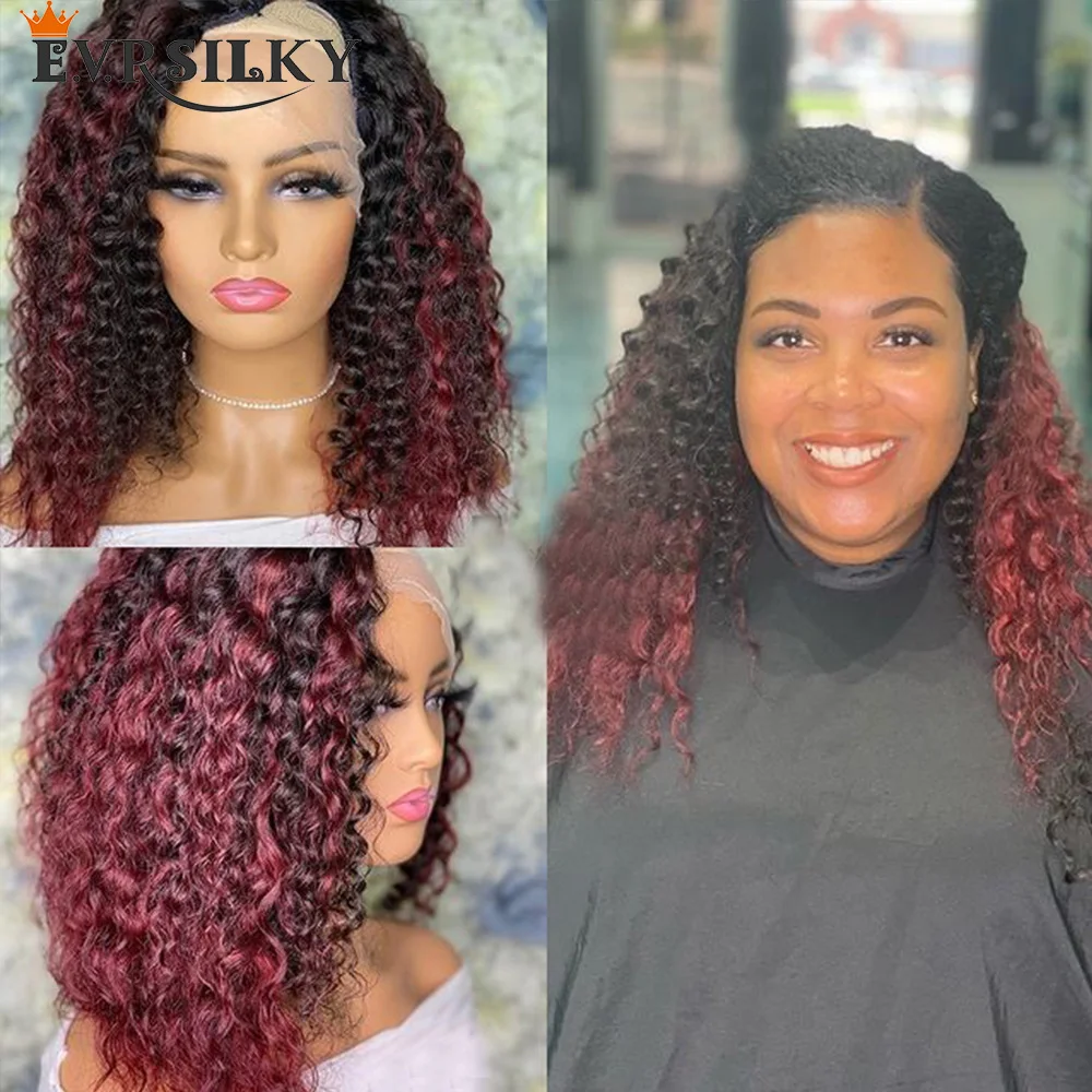 

Ombre Burgundy Wine 99j Bouncy Curly Bob U Part 100% Human Hair Unprocessed Wigs For Women Virgin V Shape With Straps Loose Curl