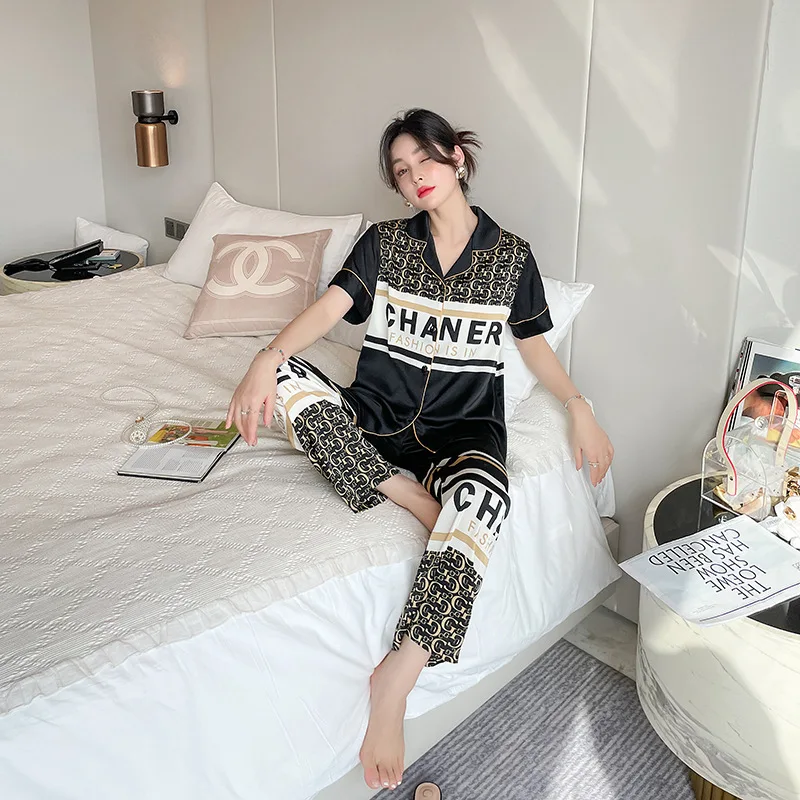 2022 couple pajamas for men and women spring and summer letter printing ice silk imitation silk thin sweet homewear suit