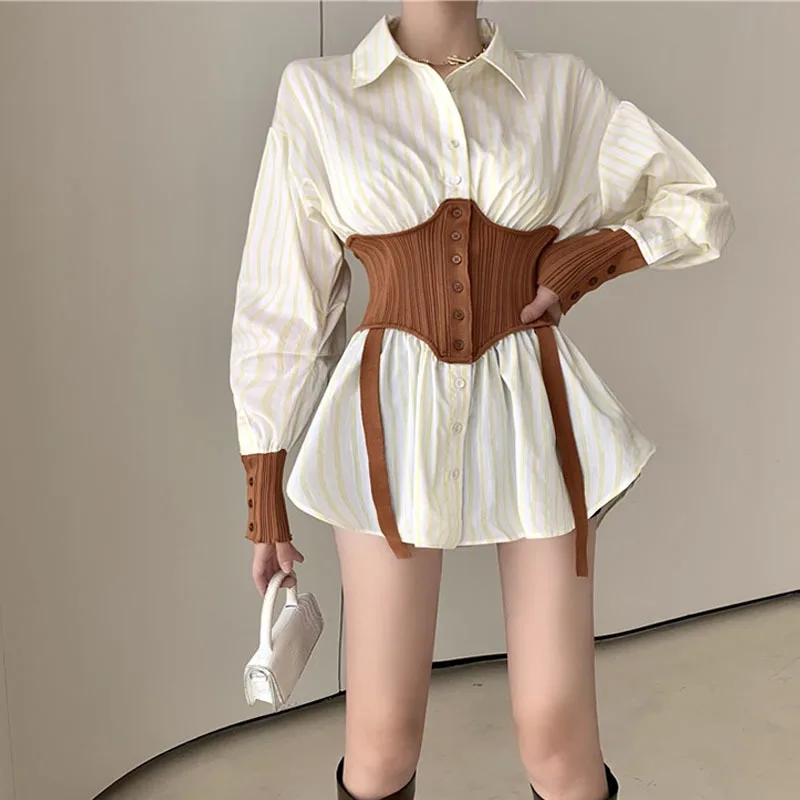 

Облегающий кроп-топ с высокой талией и имитацией двух частей в стиле пэчворк, Повседневная полосатая рубашка с отворотом, женские блузы, Жен...