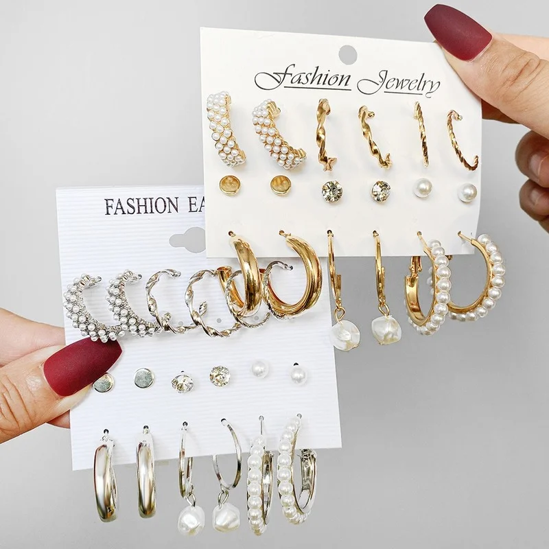 

European and American Hot-selling C-shaped Earrings Creative Retro Temperament Pearl Circle Earrings Set of Nine Sets