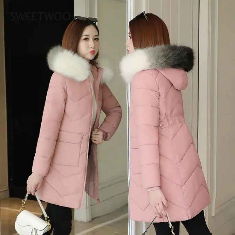 2020 Winter Jacket Women Parka Fur Collar Casual Hooded Slim Long Coat Fashion Female Jacket Cotton Padded Warm Outwear 8 Color