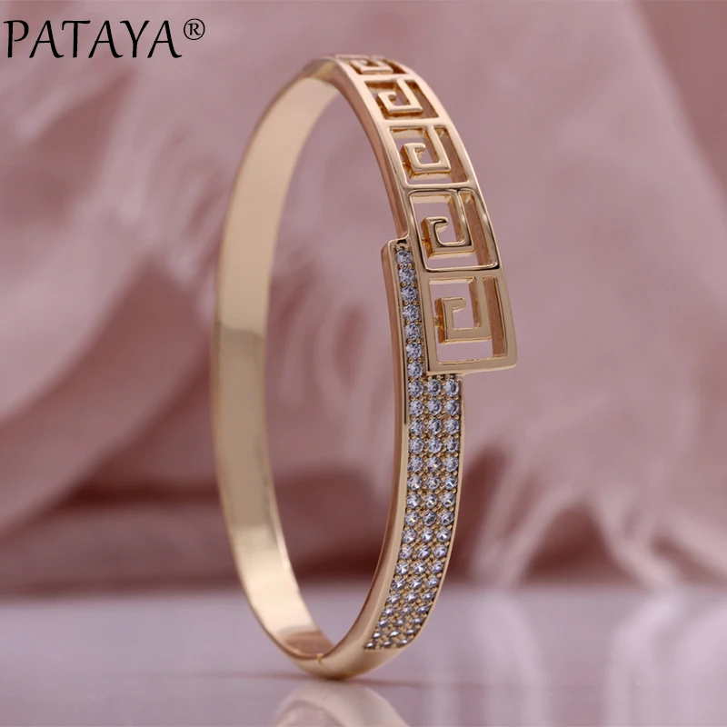 

PATAYA New Women Bangles Wedding Luxury Fashion Jewelry 585 Rose Gold Color Natural Zircon Micro-wax Inlay Hollow Bangles