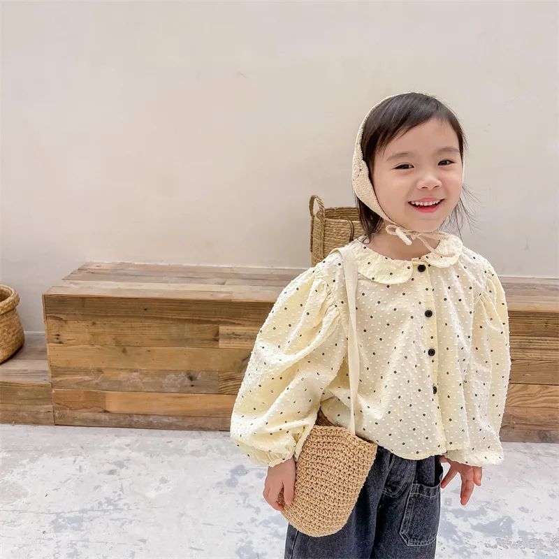 

RiniKinda 2022 Autumn New Fashion Baby Girls Polka Dot Blouses Lapel Puff Sleeve Kids Tops Korean Style Children Shirts