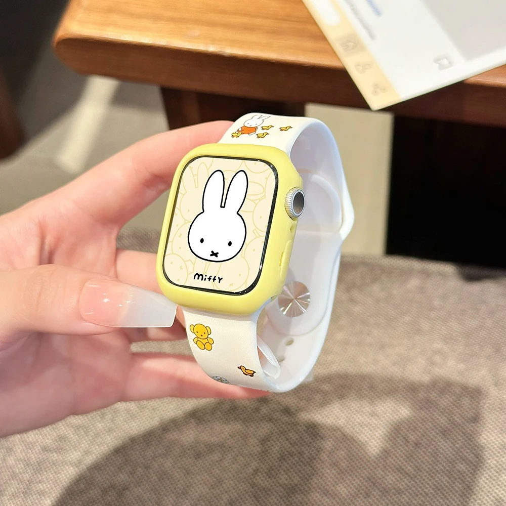 Фото Kawaii Miffy Iwatch S1/2/3/4/5/6/7/8/9/10/SE/Ultra1/2 ремешок для часов с циферблатом, защитный чехол, милый ремешок для часов, силиконовый чехол для девочки, подарок №5