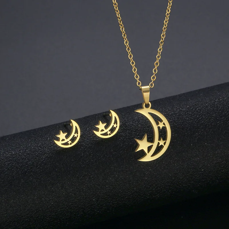 

316L Fashion Simple Star Moon Pendant Necklace earrings set Women New Bijoux Maxi Statement Necklaces Collierm Jewelry Gifts