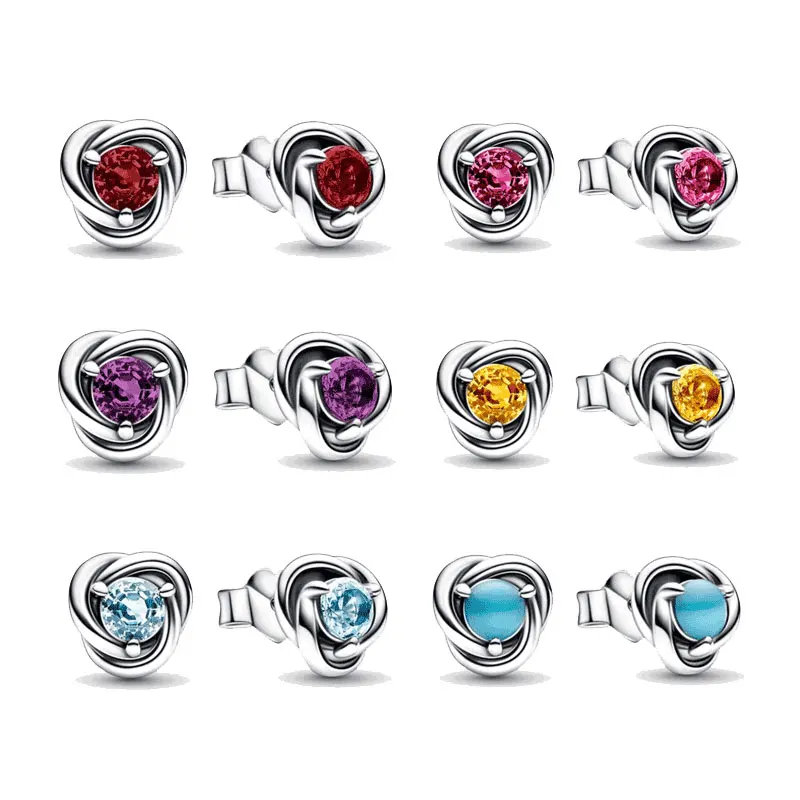 

S925 Silver Birthstone Colorful Gemstone New Zircon Me Series Inlaid Peacock Female November Honey Eternity Circle Stud Earrings