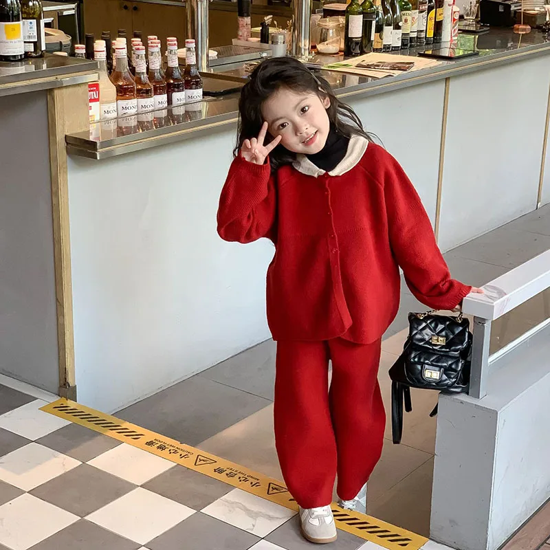

2022 Winter New Children's Wear Girl's Korean Christmas New Year Red Sweater Set 2-200