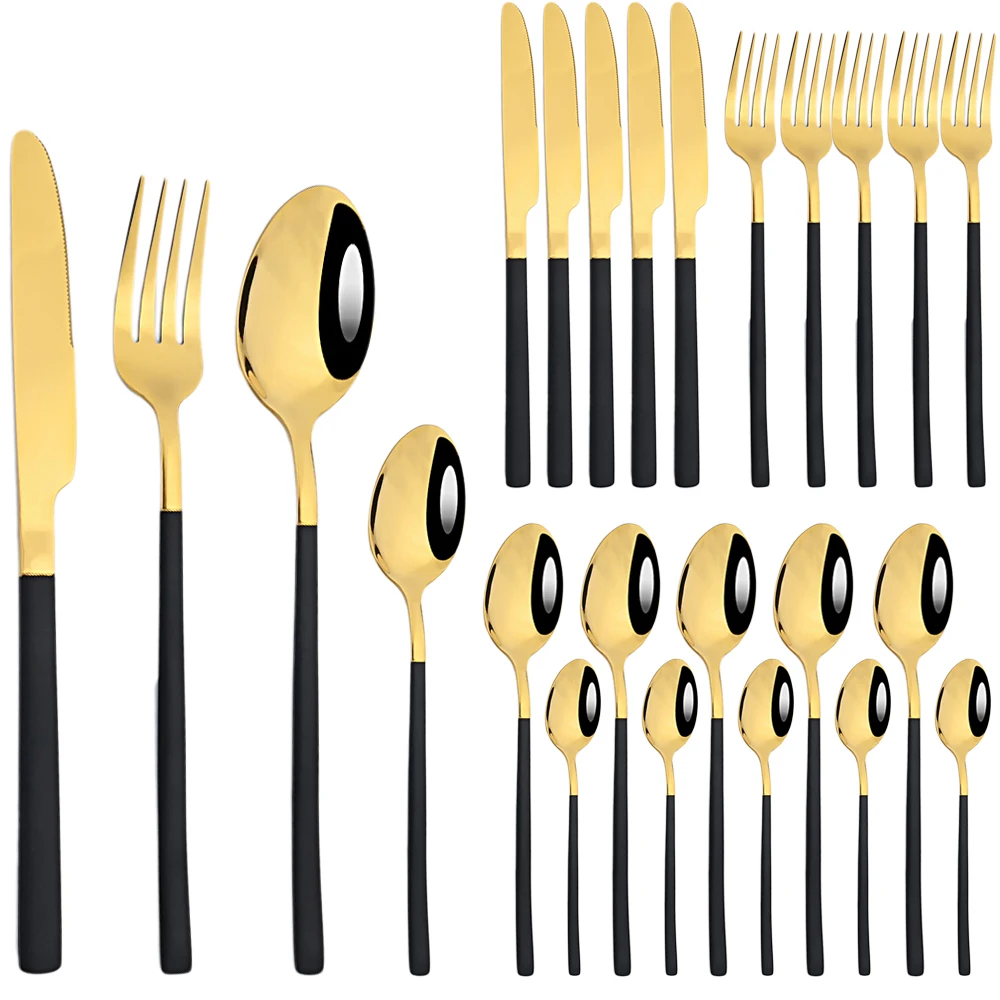 

AJOYOUS 24Pcs Cutlery Set Stainless Steel Knife Fork Spoon Dinnerware Black Gold Flatware Kitchen Dinner Silverware Tableware