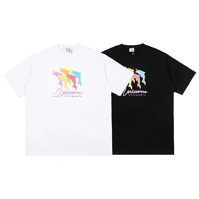 

VEEMENTS2023 Summer New French Fashion Brand Vite Cute Colorful Dolphin Graffiti Print T-shirt for Men and Women