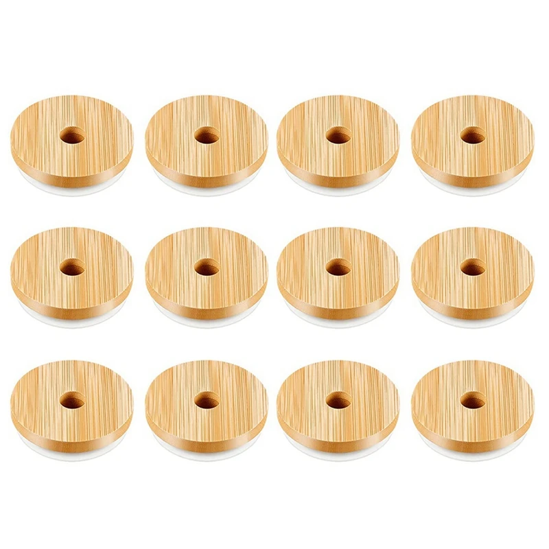 

12 Pack Bamboo Mason Jar Lid With Straw Hole Regular Mouth Jar Lids Compatible For 70Mm Mason Jar