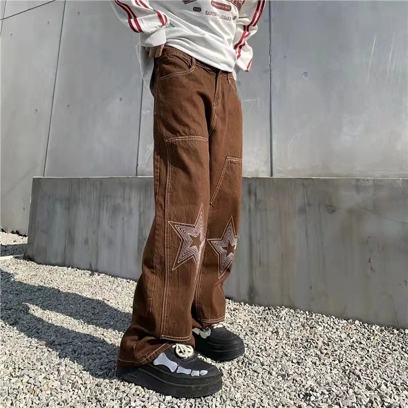 Harajuku Patchwork Stars Embroidery Ripped Mens Loose Denim Trousers Straight Retro Washed Oversized Streetwear Baggy Jeans Pant