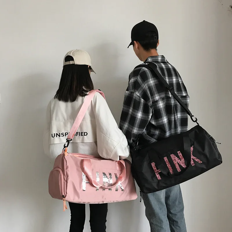 Блестящая розовая спортивная женская сумка с отделением для обуви