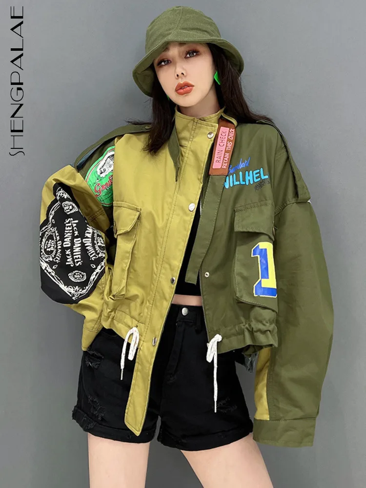 

SHENGPALAE Short Cargo Coats Loose Letter Printing Patchwork Denim Coat Safari Style Women's Jacket 2023 Spring Autumn New 5R903