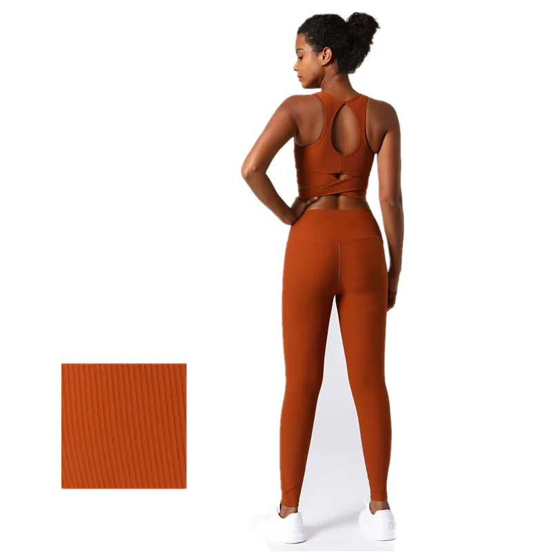 

Комплект YUSHUHUA для занятий йогой в рубчик, спортивный комплект для фитнеса, тренажерный зал, леггинсы, топ для йоги, спортивный бюстгальтер, Ж...