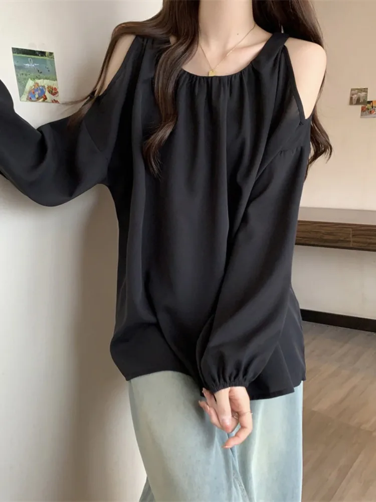 Женская летняя рубашка с открытыми плечами открытой шеей и пышными рукавами