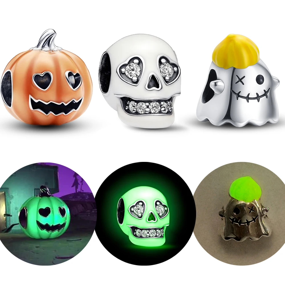 

New 925 Sterling Silver Glow-in-the-dark Spooky Pumpkin Charm Beads Fit Pandora Bracelet Pendant Women Fine Jewelry Gifts