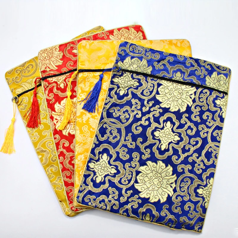 Ethnic Style Storage Large Brocade Sutra Book Pouch Fashion Dragon Flower Double Thickening Zipper Empty Bible Draw String Bag