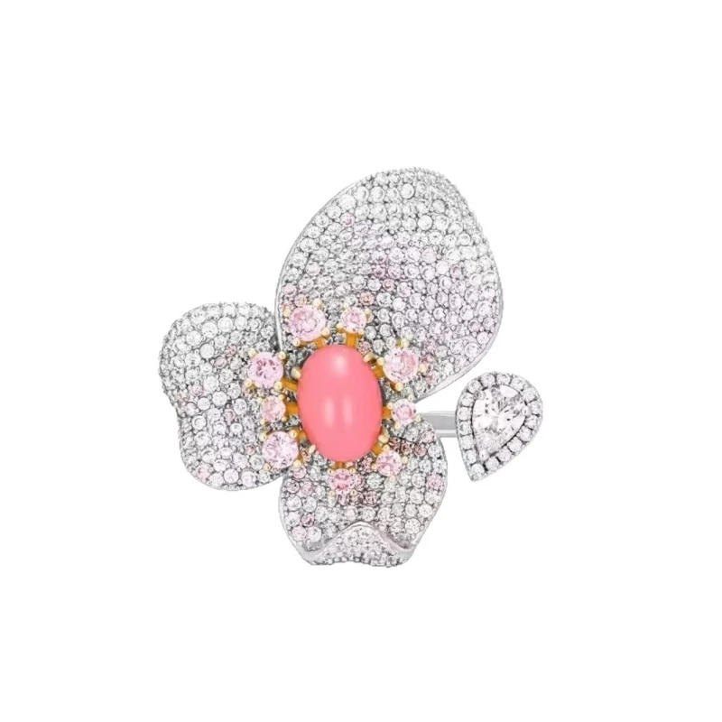 Кольцо Cameo S925 из чистого серебра с розовым жемчугом Conch Pearl и овальной ракушкой Queen Shell, полностью инкрустированное бриллиантами, нежное, легкое, роскошное, в форме цветка (art.: 3920db9fa061f) - 3920db9fa061f