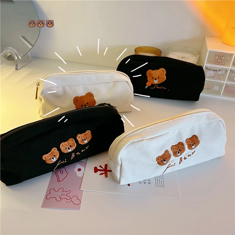 

Kawaii Japanese Cute Bear Embroidery Canvas Pencil Bag Pen Case Kids Gift Cosmetic Stationery Large Capacity Student Storage Bag