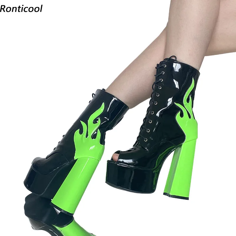 

Женские ботильоны на платформе Ronticool, весенние ботинки на шнуровке и массивном каблуке с открытым носком, Сказочная Уличная обувь зеленого и красного цвета в стиле панк, большие размеры 5-15