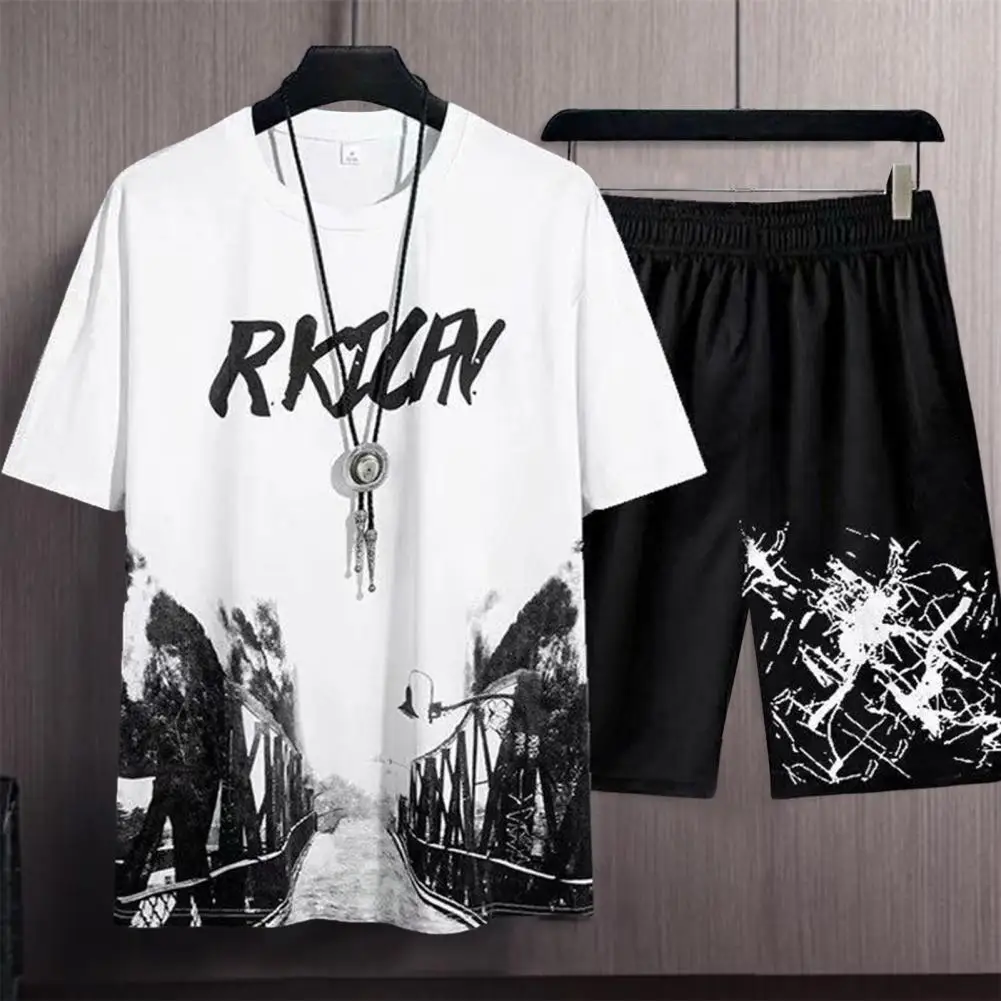 

2Pcs/Set Fashion Quick Drying T-shirt Shorts Set Short Sleeve 3D Printing Tops Loose Shorts Sportswear Sweat Absorption