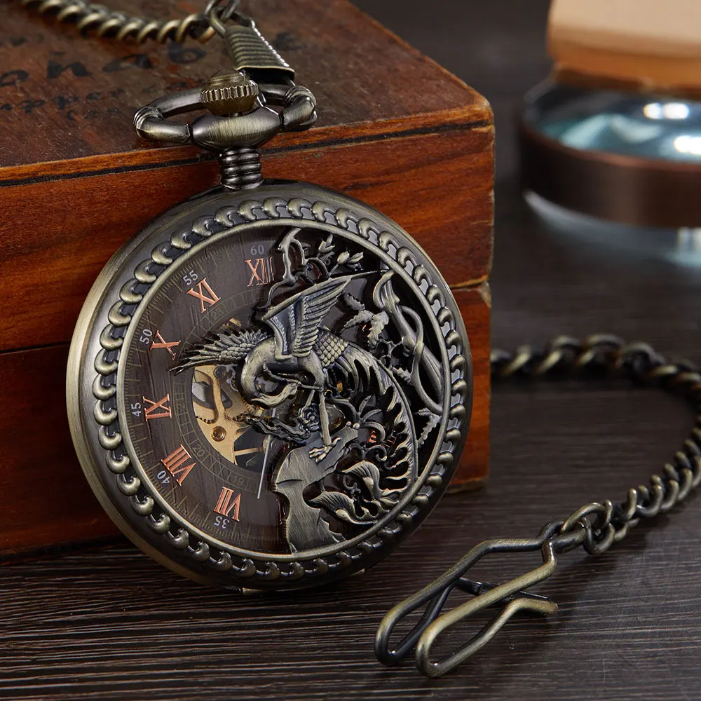 BENNEVIS Mechanical Pocket Watch Hollow Phoenix Bird Roman Double Case Skeleton Clock Hand Winding Men Fob Chain Watches Clock