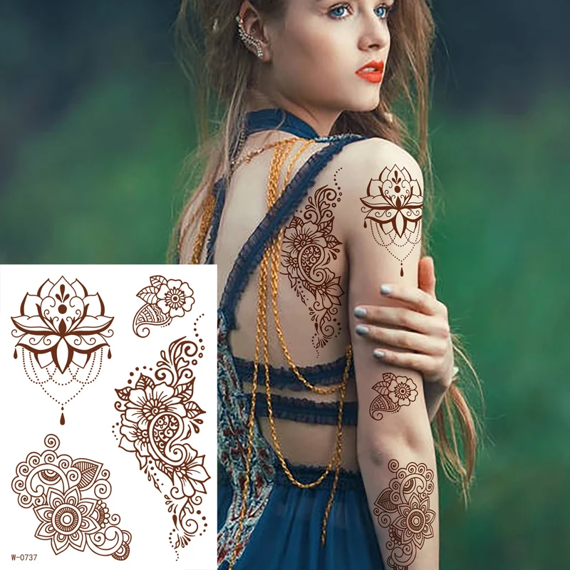 Waterproof Temporary Brown Henna Tattoo Stickers Chest Lace Mandala Henna Tattoos for Women Diamond Flower Body Art Fake Tatoo images - 6