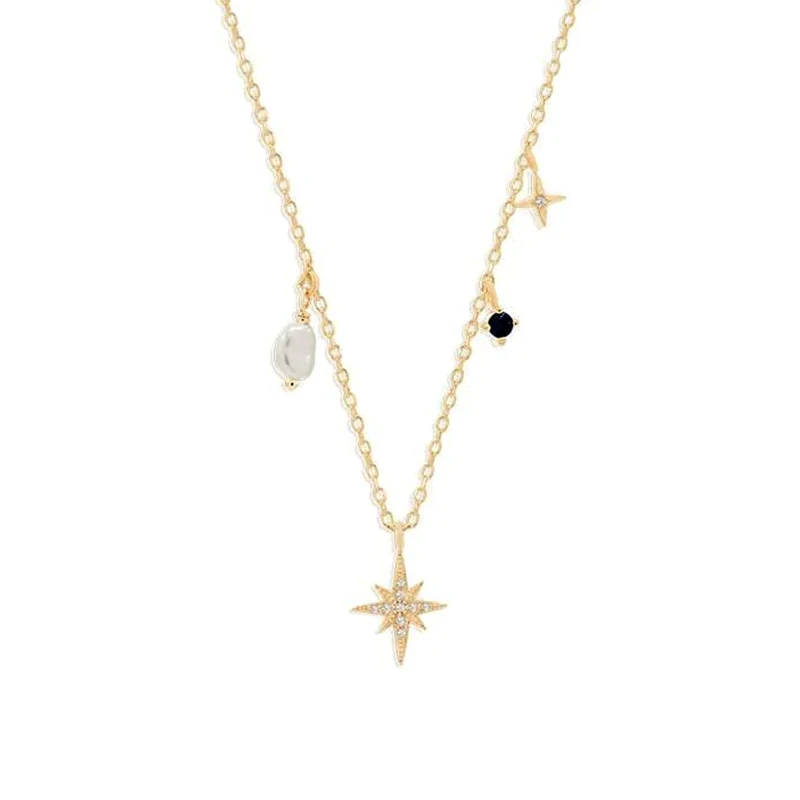 

AIDE 925 Sterling Silver Diamond Octagonal Star Pearl Pendant Necklaces Clavicle Chain for Women Charms Jewelry Gift Collares CZ
