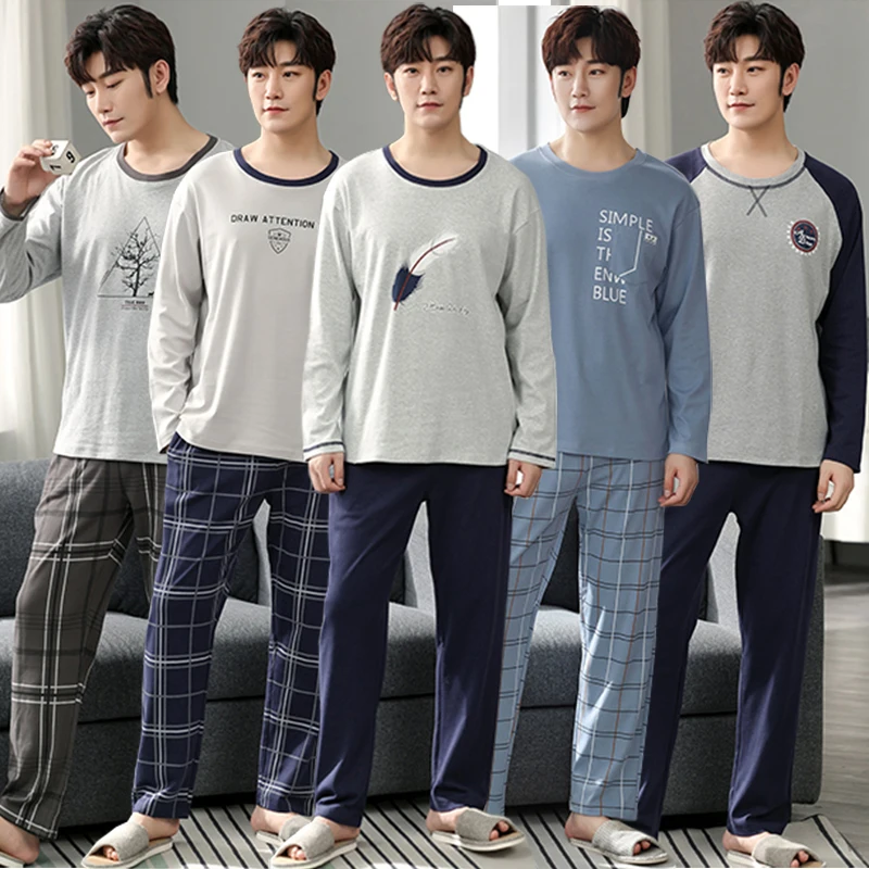 2022 Autumn Plus Size Long Sleeve Cotton Pajama Sets for Men Korean Cute Sleepwear Suit Pyjama Male Homewear Lounge Home Clothes