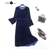 real velvet dress 2022 spring new tibetan blue mulberry silk loose and thin trumpet sleeve length womens party evening dress