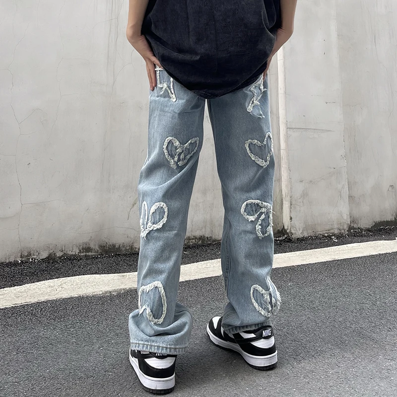 INS American High Street Love Embroidery Retro Vibe Fringed Jeans For Men And Women Straight Oversize Casual Loose Hip-hop Jeans