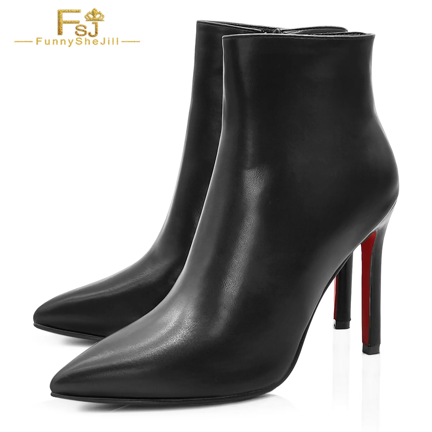 

FSJ Women So Kate Black Pointy Toe 10CM Stiletto Heel Ankle Boots Side Zip Leather Half Red Sole Office Lady Booties 2022 Spring