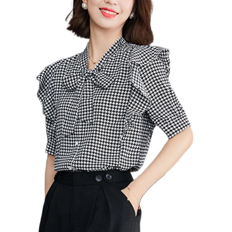 

TFETTERS Blouses and Shirts Woman 2023 Summer New Loose Bow Ribbon Korean Fashion Chiffon Tops Fresh Plaid Blouse Women