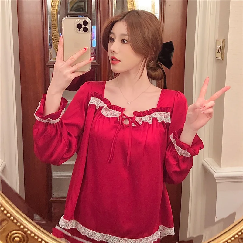 Lace Princess Pajamas Suit Cute Spring Summer Female Sweet Luxury Noble Palace Style Belt Wear Outdoor Home Loungewear Set Women