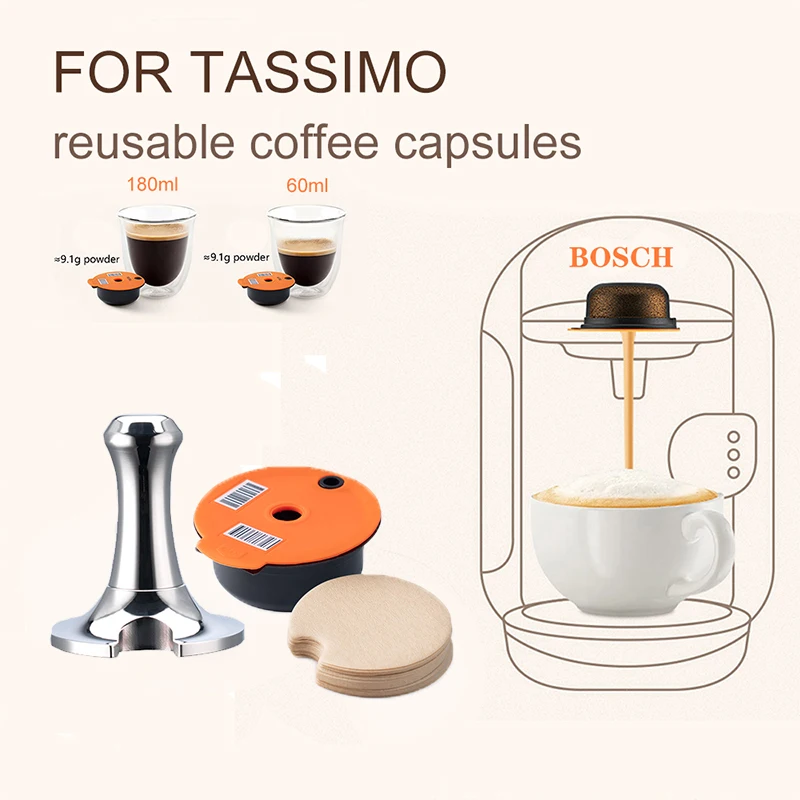 Cápsula de café reutilizable, cubierta de silicona con Bosch Tassimo Bosch, 60/180ml, papel de filtro desechable
