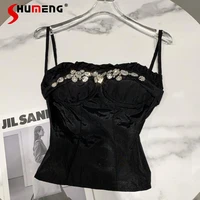 2022 summer new handmade large particle rhinestone slim camisole top all match sexy sling black and white vest