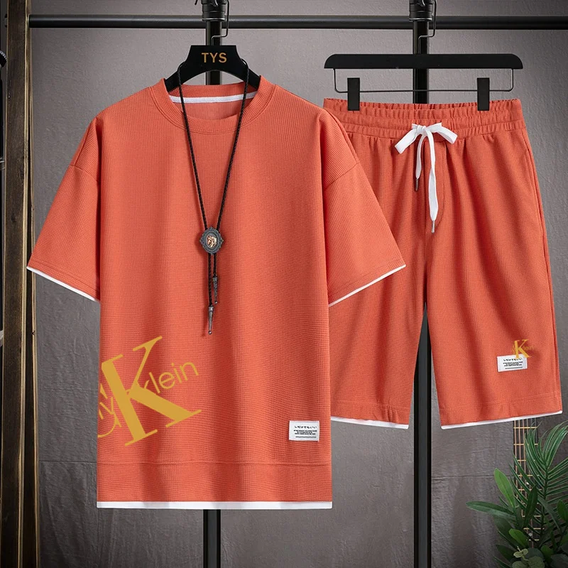 Men's Sportswear, Casual Short Sleeve Sports Suit Set of 2, Waffle Fabric T-Shirt Shorts, Korean Jogging Suit Summer Fashion
