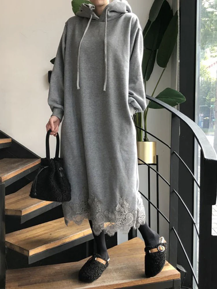 

VONDA Autumn Party Women Hooded Dress 2022 Winter Long Sleeve Sweatshirt Dresses Casual Loose Lace Warm Baggy Vestido Robe Femme