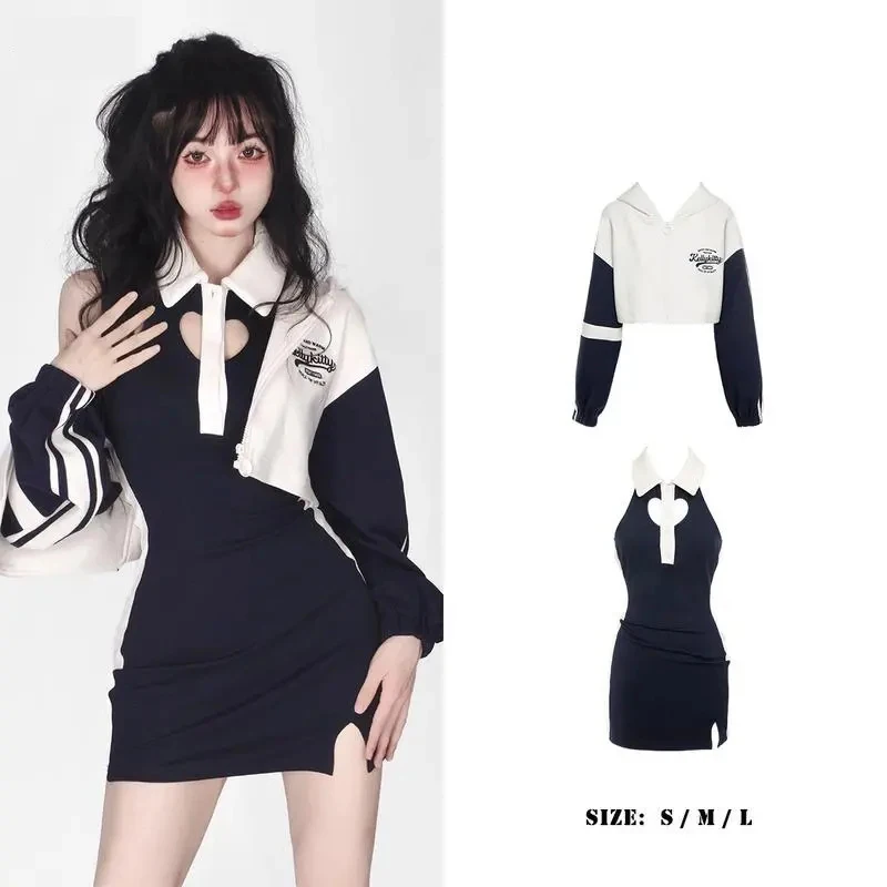 

Korean Streetwear Clothes Polo long Sleeved Hoodie Top Festival Outfit Women 2 Piece Set Bag Hip Black Summer Dress Women