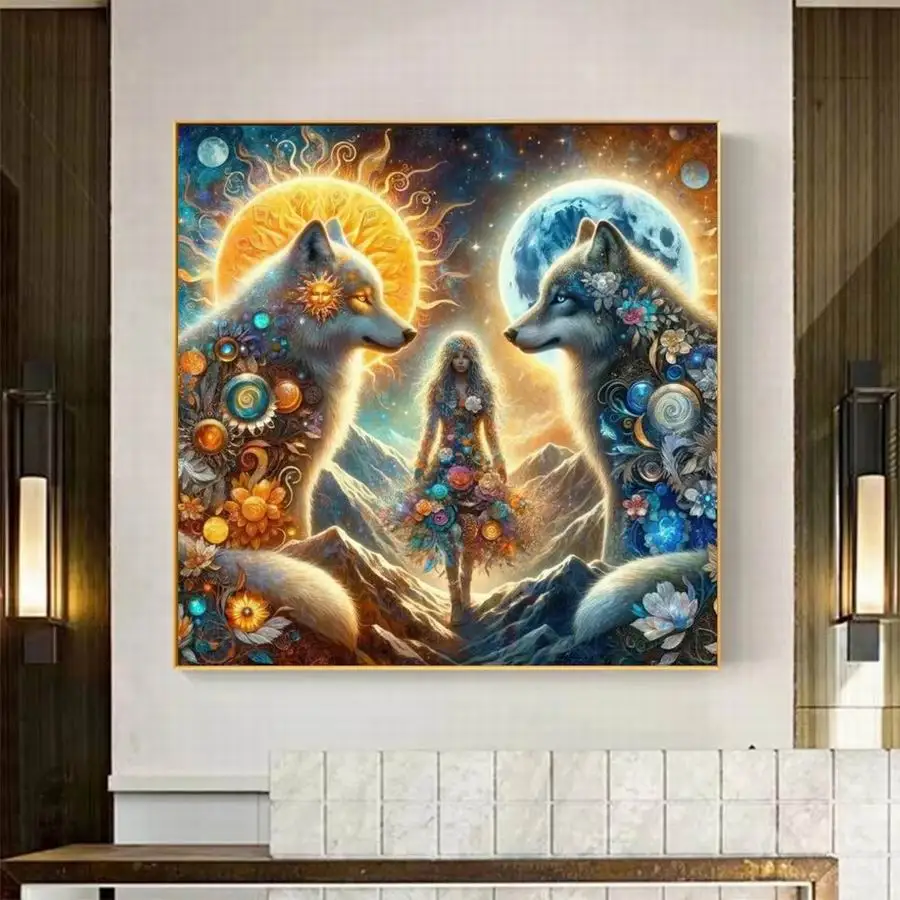 Fullcang Diy Diamond Painting Fantasy Mountain Wolf Full Rhinestone Art Mosaic Embroidery Moonight Landscape Picture Wall Decor