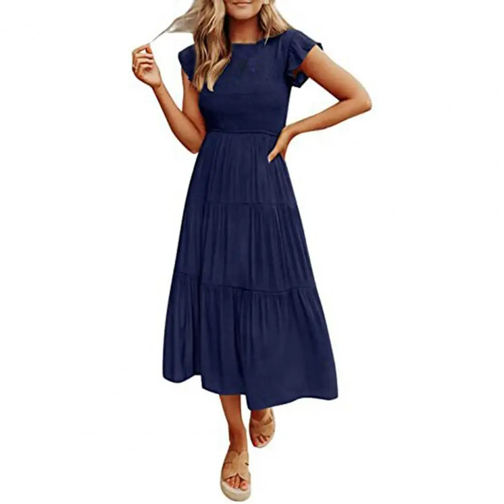 

Women Long Dress Flying Sleeves Large Hem Summer Smocked Tiered Dress Streetwear Female Summer Crew Neck Sun Dresses Vestidos