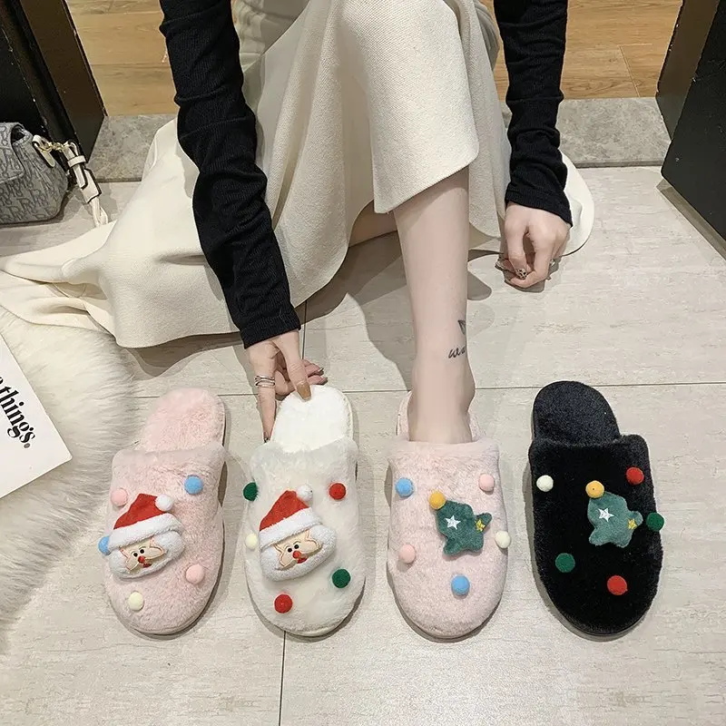 Fujeak New 2022 Christmas Slippers Women Men Indoor Warm Slipper Soft Plush Home Floor Non Slip Lovers Winter Platform Shoes