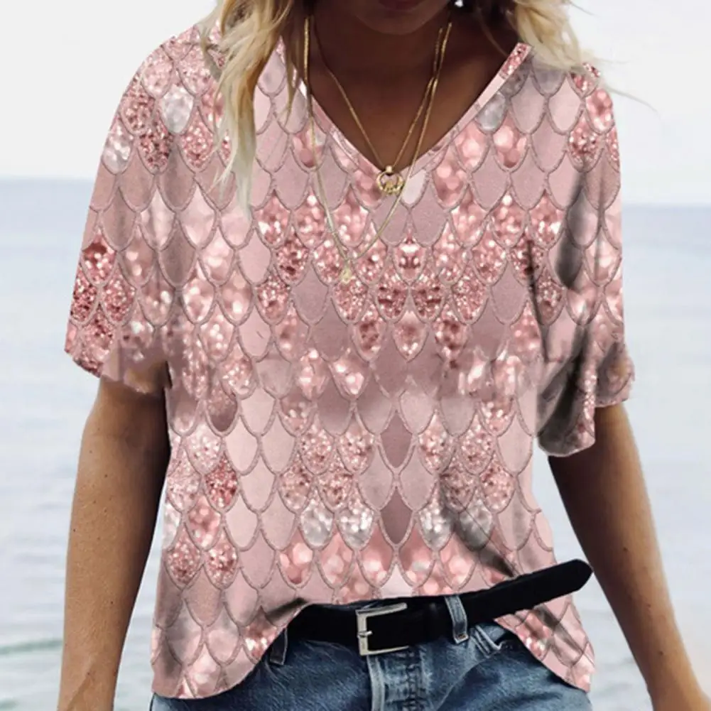 

Модный пуловер, футболка с V-образным вырезом, легкий летний топ, блестящая футболка с рисунком рыбьей чешуи