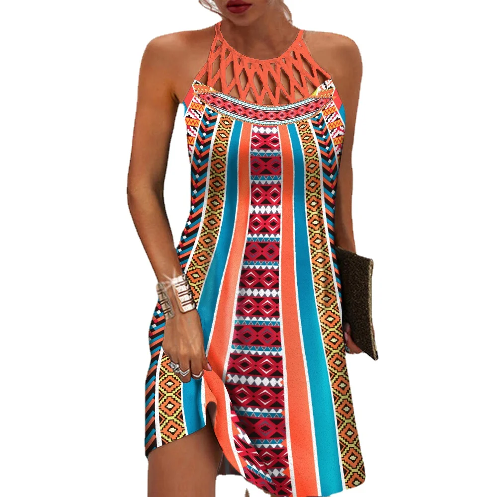 

2022 Summer women Tribal Print Hollow Out Sleeveless Casual Mini Vacation One Piece Dress